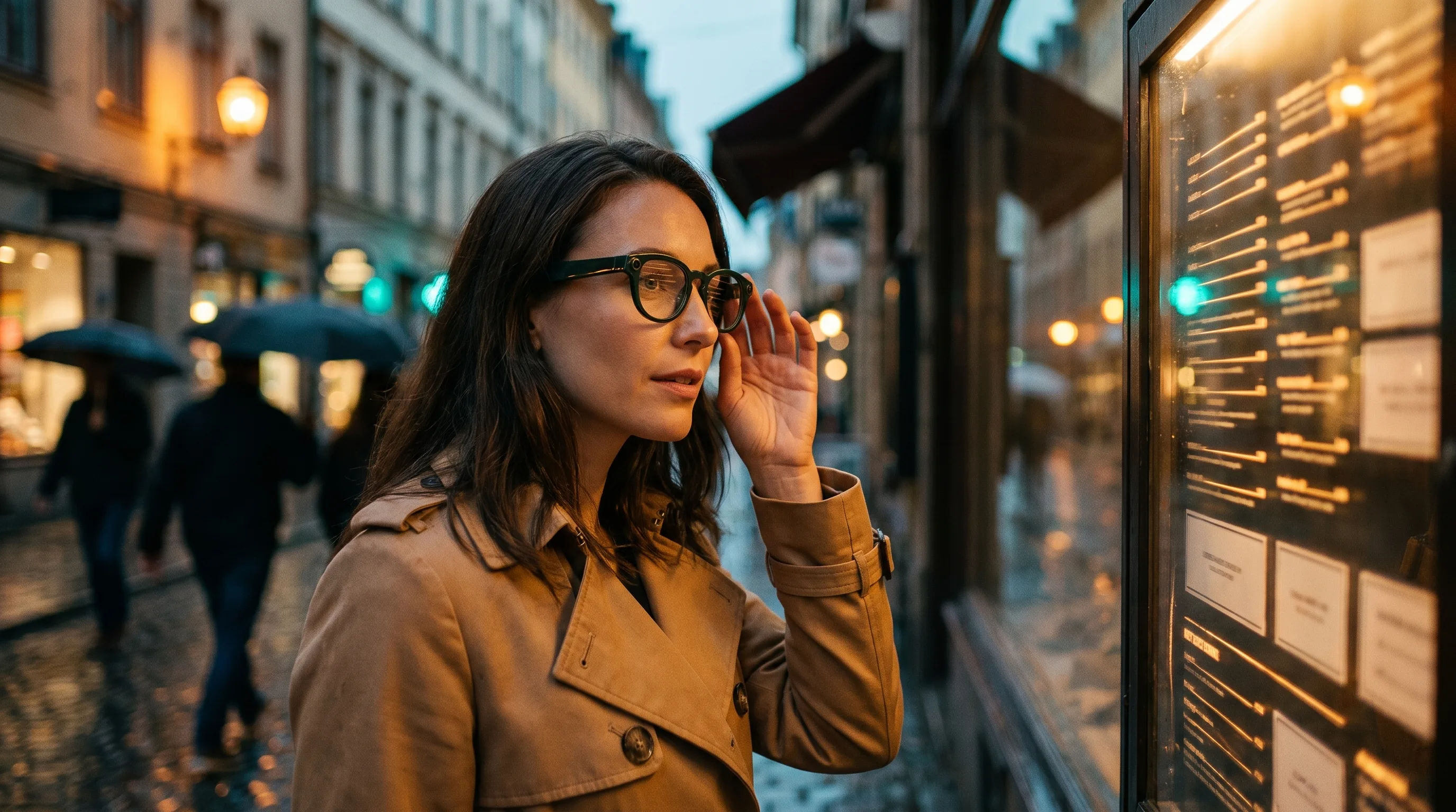 Businesswoman wearing Samsung smart glasses on a neon-lit Tokyo street at dusk, touching the temple as she looks at a restaurant sign
