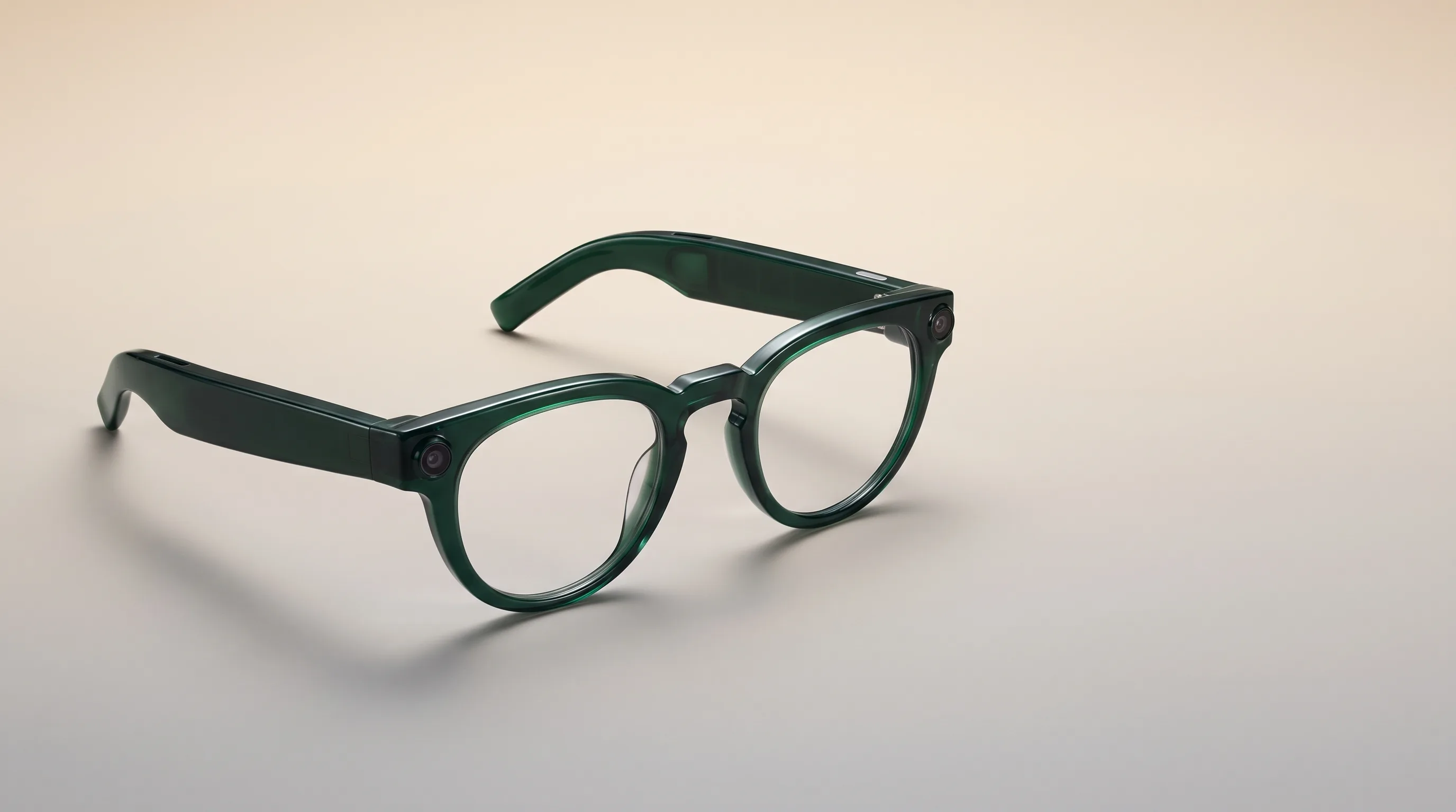 Samsung smart glasses in the dark-green Warby Parker frame resting on a warm studio gradient, camera lens visible in the right corner