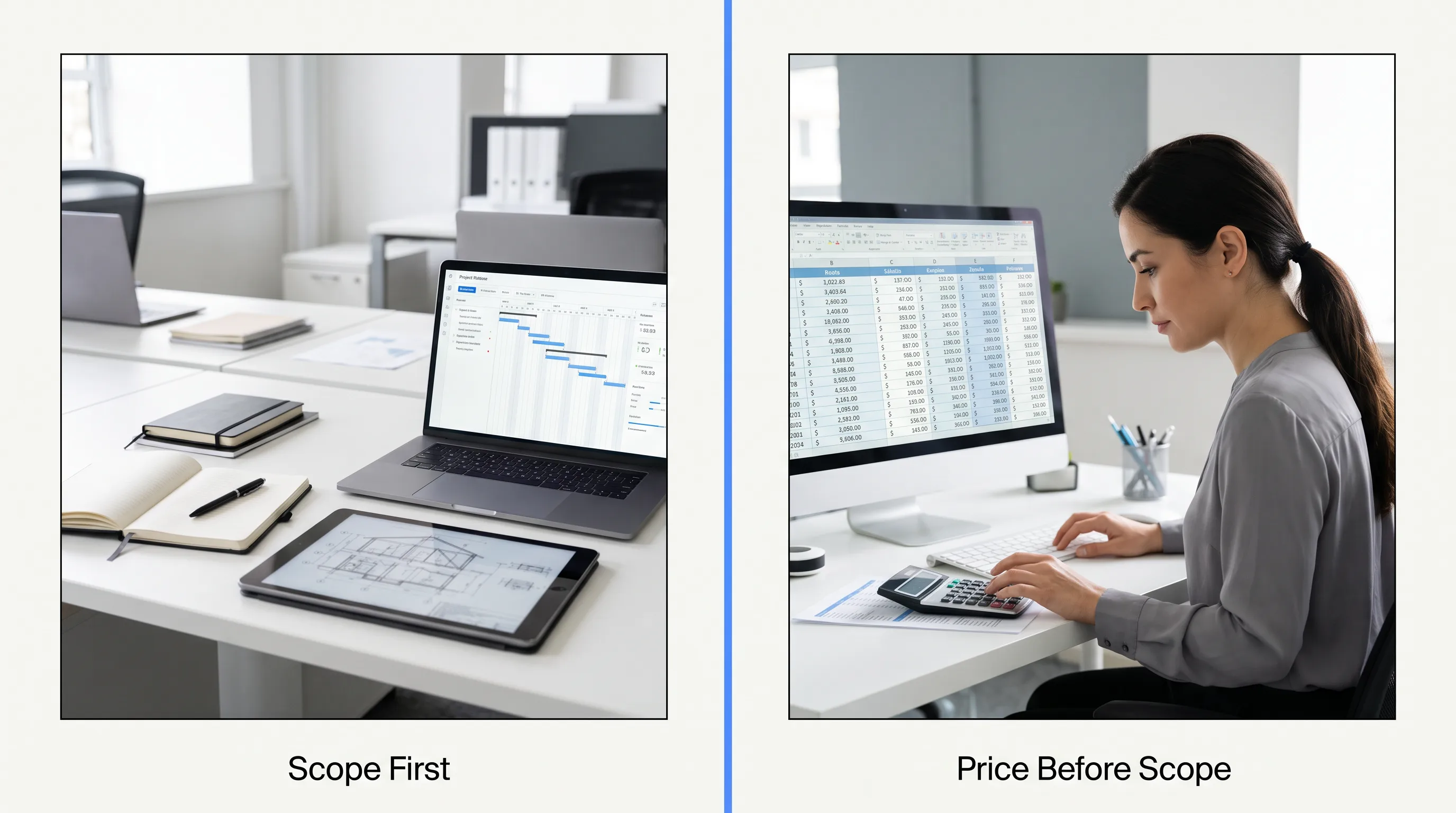 Two-panel graphic comparing Scope First versus Price Before Scope vendor signals