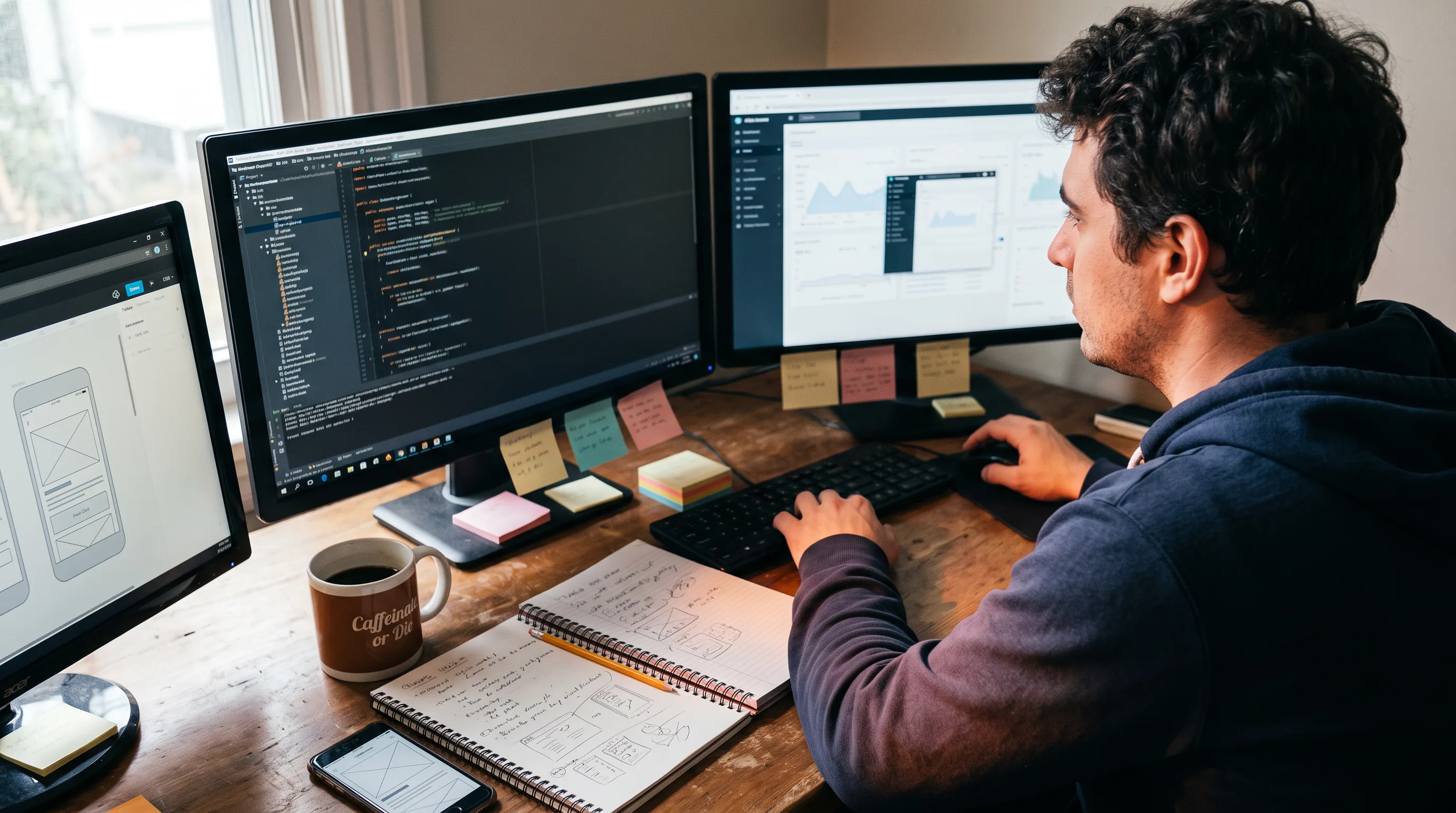 Developer comparing minimal and complex mobile app UI designs across two monitors