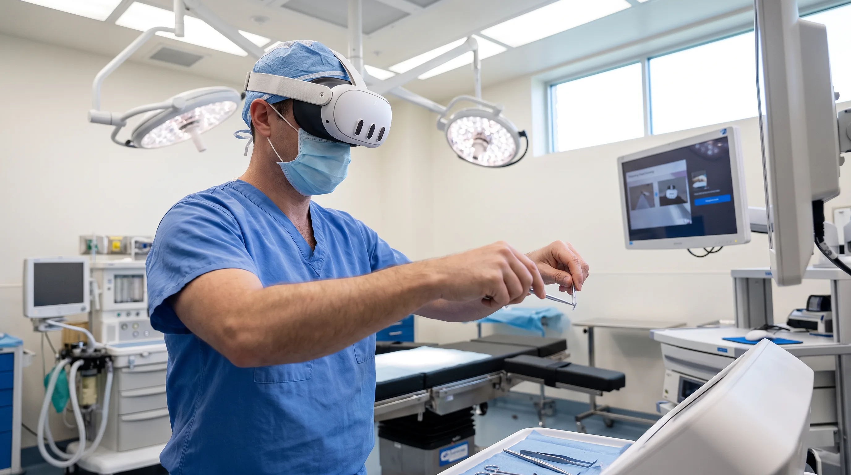 Surgeon wearing Meta Quest 3 performing a virtual orthopedic procedure in a hospital training room