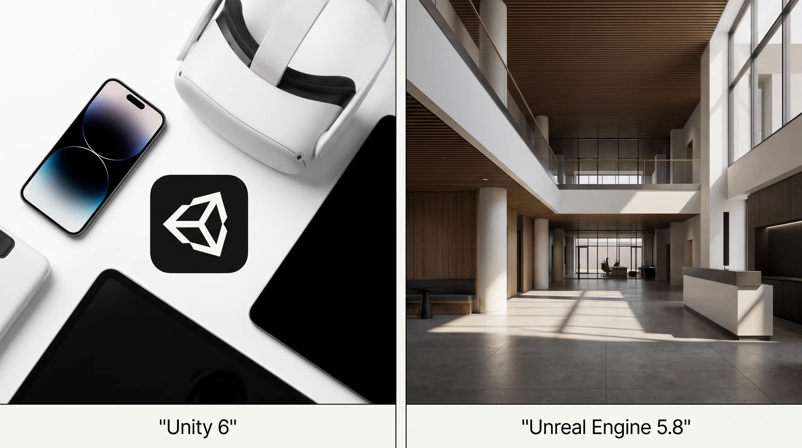 Labeled two-panel comparison of Unity 6 and Unreal Engine 5.8 for metaverse development