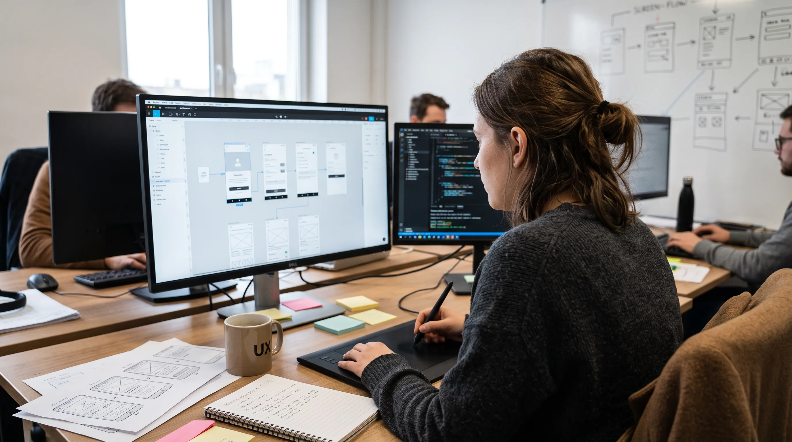UX designer at a widescreen monitor working on app wireframes in a design tool