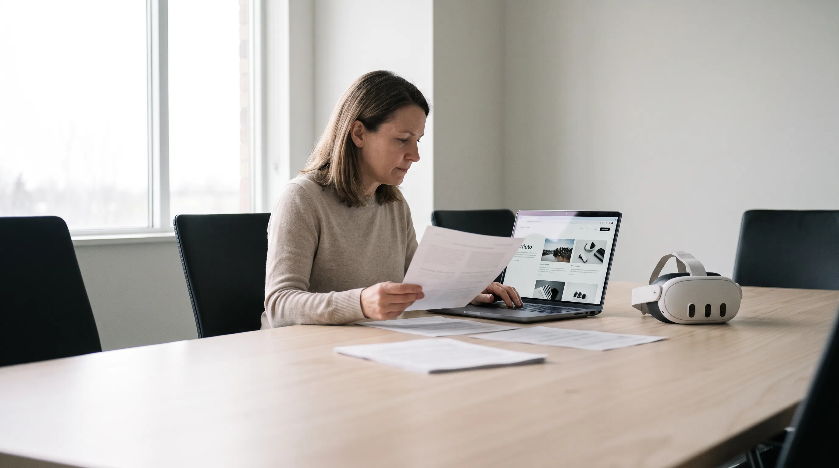 Enterprise buyer reviewing virtual reality agency proposals at a conference table