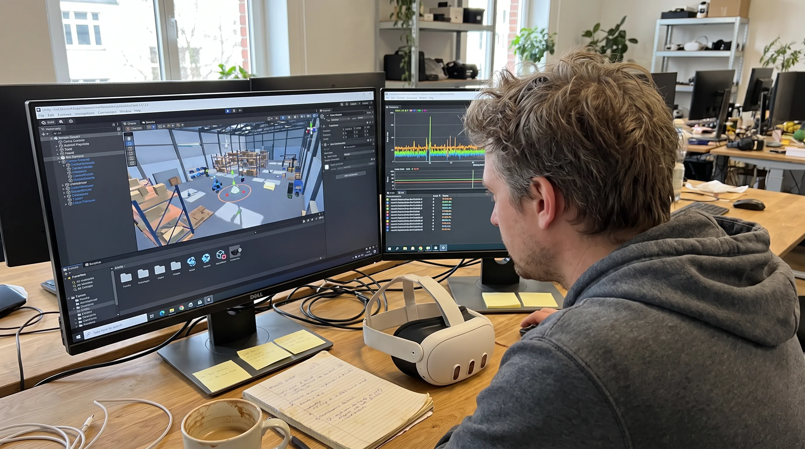 VR developer at a dual-monitor workstation running Unity editor with Meta Quest 3 headset on desk
