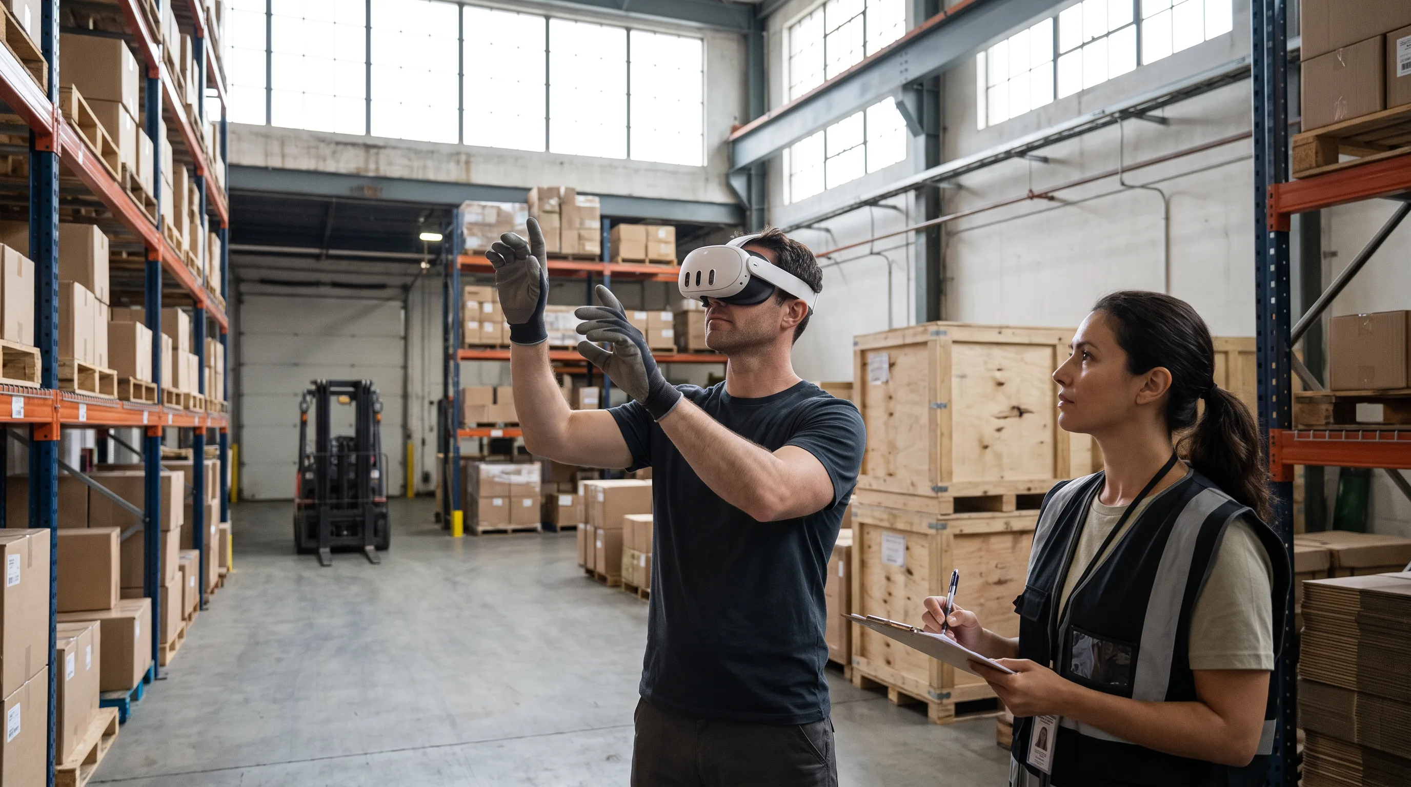 Warehouse worker wearing Meta Quest 3 headset during an industrial safety training simulation