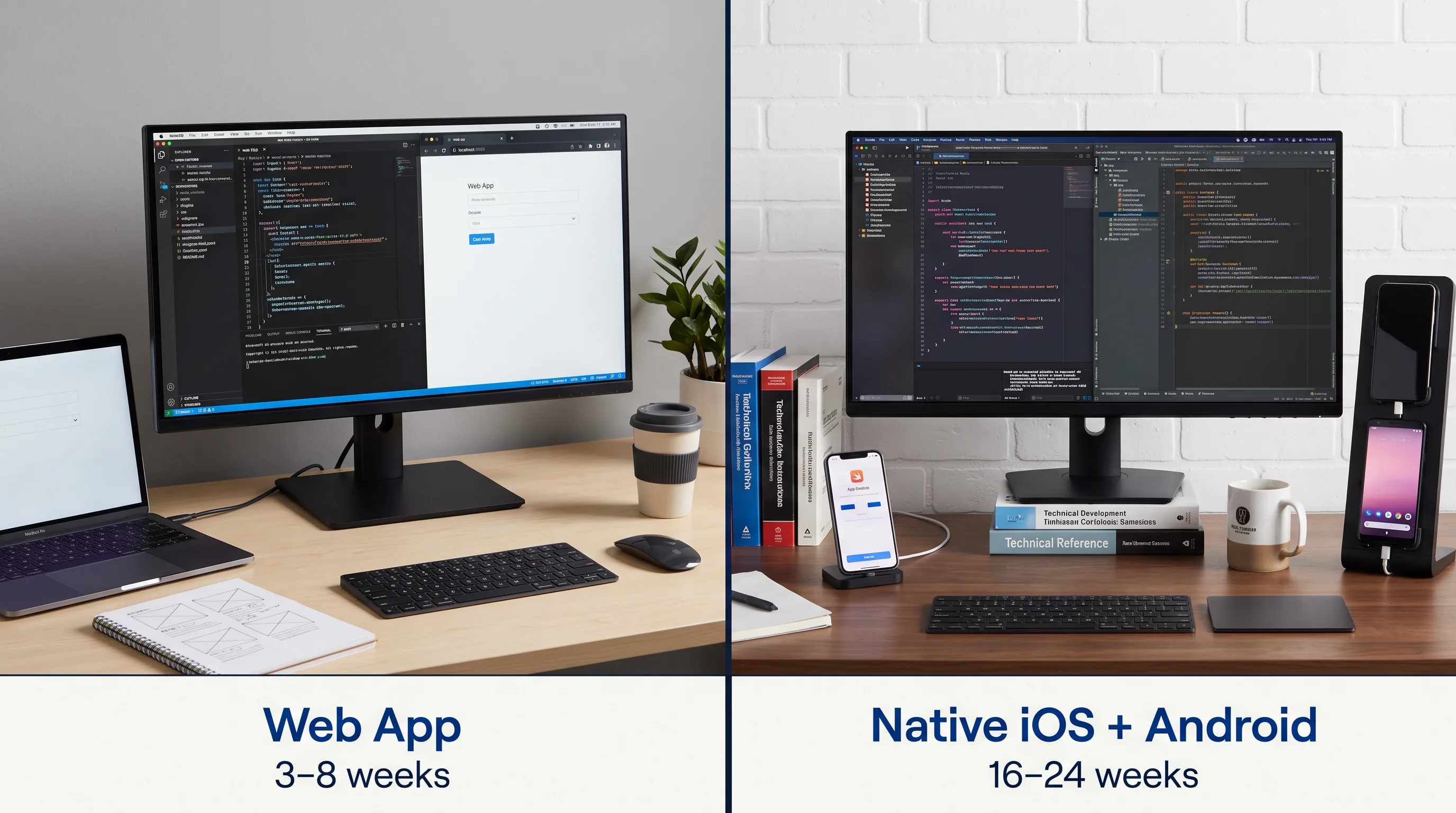 Split comparison of web app MVP at 3–8 weeks versus native iOS and Android at 16–24 weeks