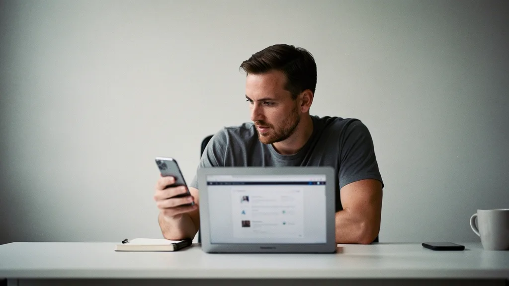 Founder comparing native app on smartphone and web app on laptop at an office desk