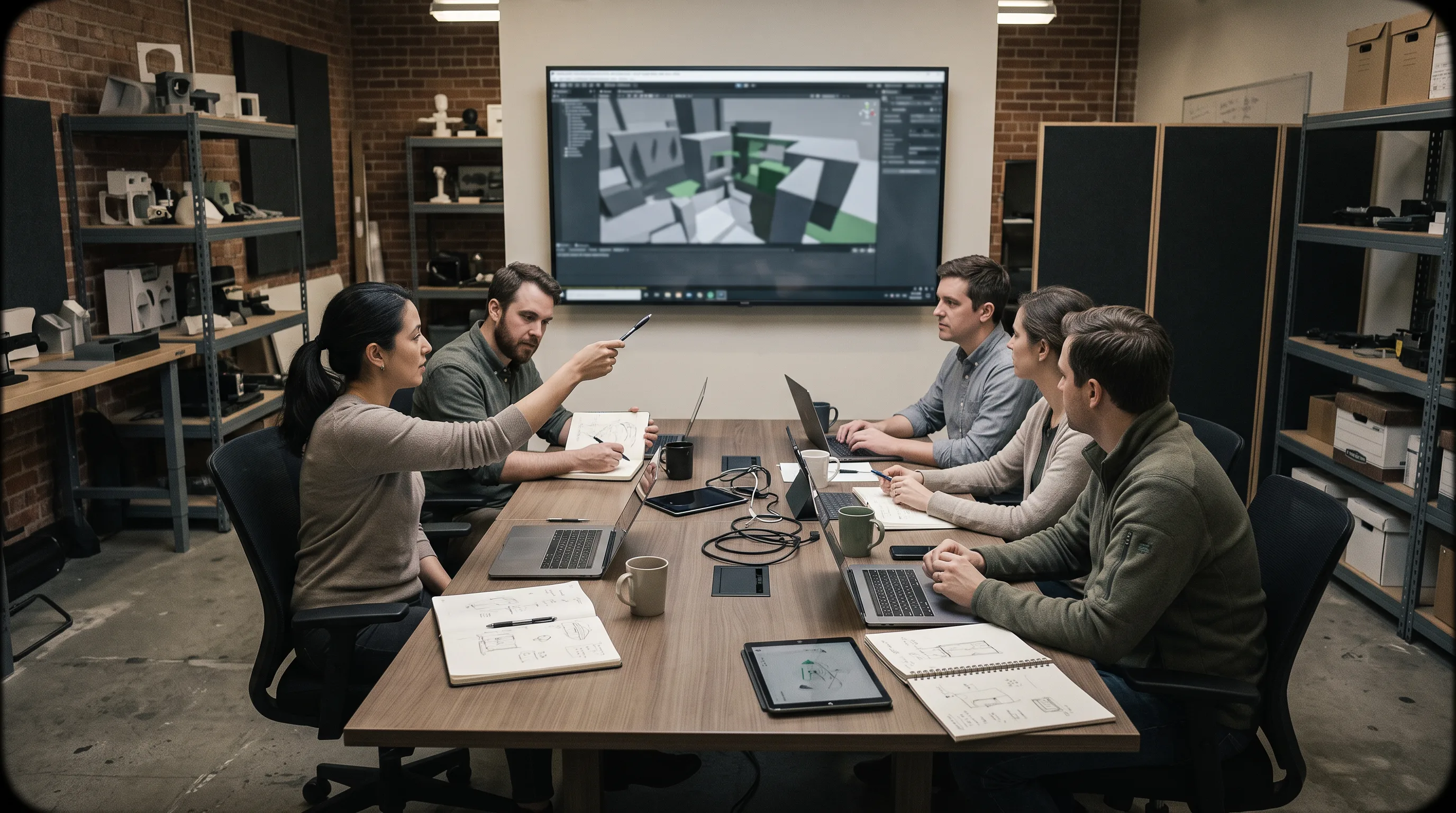 XR development team reviewing a 3D spatial environment on a large studio display